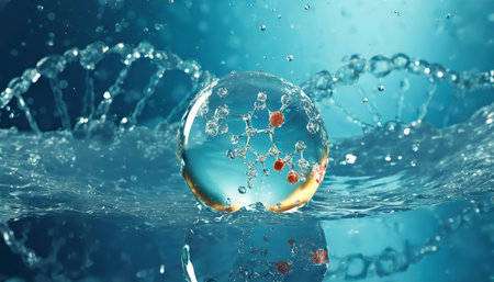 Dna structure, Cosmetic essence liquid bubble molecule inside liquid, blue colorの素材