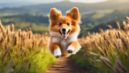 Dog jumping in the air, small orange fluffy dog on isolated backgroun, animals, pet, hungry, playing, puppy wanting food, puppy.の素材