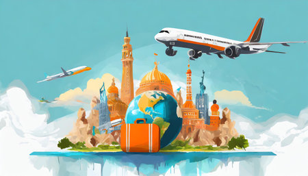 Illustration Travel Concept with Plane, Famous Landmark World, and Traveling luggageの素材