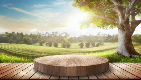 tree table wood podium in farm display for food perfume and other products on nature background table in farm with grass sunlight at morningの素材