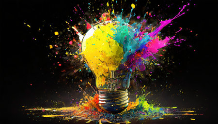 Creative light bulb explodes with colorful paint and splashes on a black background. Think differently creative idea conceptの素材