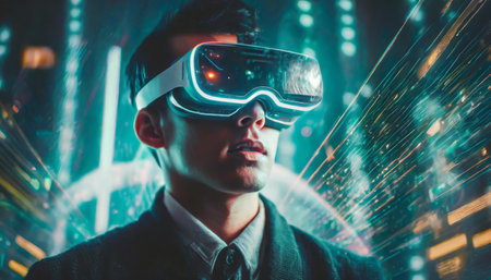 A person getting experience using VR-headset glasses. Digital future and innovation. Visual reality concept. One with glasses of virtual reality. Happy using VR headset. This is coolの素材