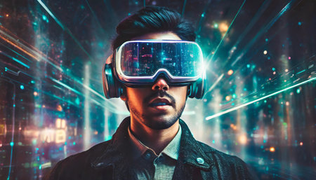 A person getting experience using VR-headset glasses. Digital future and innovation. Visual reality concept. One with glasses of virtual reality. Happy using VR headset. This is coolの素材