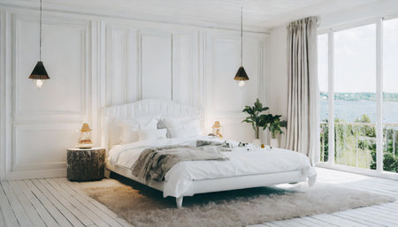 Interior of modern bedroom with white walls, wooden floor, comfortable king size bed and wooden wardrobe. 3d renderの素材