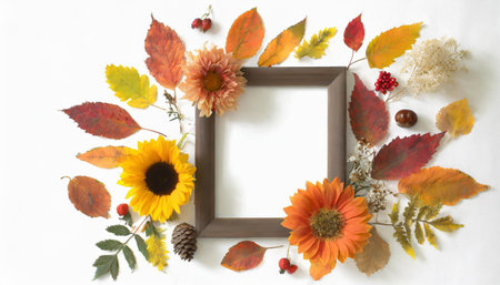 Autumn themed photo frame with flowers and leaves on a white background representing the concept of fall and Thanksgivingの素材