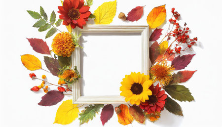 Autumn themed photo frame with flowers and leaves on a white background representing the concept of fall and Thanksgivingの素材
