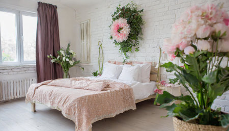 bedroom interior with bed and big indoor flowerの素材
