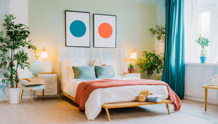 Light, cute and cozy home bedroom interior with unmade bed, plaid and cushions on empty white wall background. 3D rendering.の素材