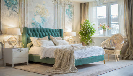 Light, cute and cozy home bedroom interior with unmade bed, plaid and cushions on empty white wall background. 3D rendering.の素材