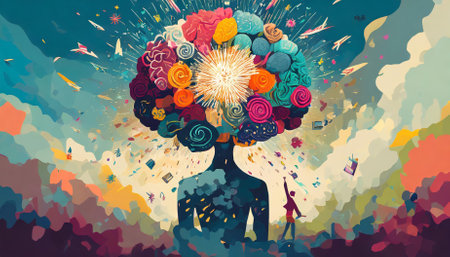 Immerse in this captivating art piece illustrating the annual collective mind concept, where imaginative bursts of creativity represent the dynamic interplay of ideas, growth, and the vividの素材