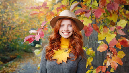 A captivating image of a red-haired woman embodying the essence of autumn through her radiant beauty, warm hues, and graceful pose. The seasonal aesthetic reflects falls vibrant charm andの素材