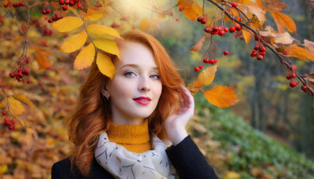 A stunning image of a redhead woman embodying the essence of autumn, with warm hues and natural elements in the backdrop, evoking the charm and allure of the fall season through a graceful pose.の素材