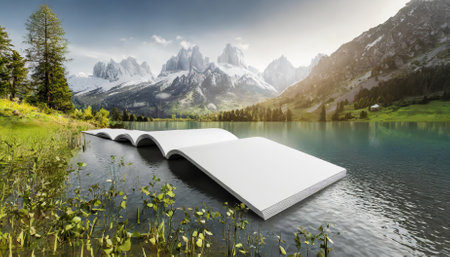 D rendered mockup showcasing a sleek, white blank A landscape horizontal magazine brochure. Ideal for professional branding, print or digital marketing presentations, and customizable designの素材