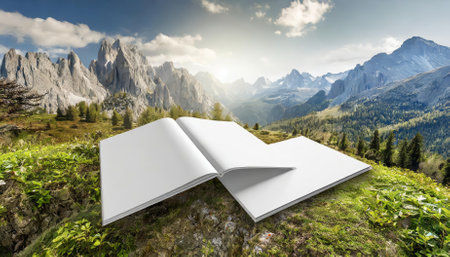 Professional D rendering of a white blank A landscape horizontal magazine brochure mockup. Perfect for showcasing clean, minimalist designs, branding concepts, or print presentation ideas.の素材