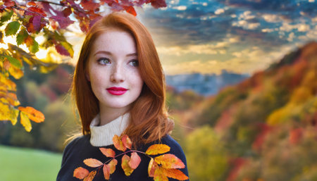 This enchanting image captures an attractive redhead woman modeling the essence of autumn. With vibrant colors, her striking features harmonize with the warm hues of fall, creating a dreamy andの素材