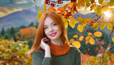 A stunning red-haired model epitomizing autumn's charm, surrounded by golden leaves and soft light. Her vibrant presence highlights the seasons beauty, evoking warmth, transformation, andの素材