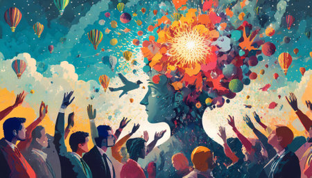 This captivating artwork visualizes the annual collective mind, blending surrealism and abstract forms. Exploding ideas radiate outward, symbolizing interconnected inner worlds, creativity, andの素材