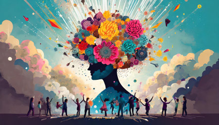 A striking concept art visualizing the annual collective mind explosion. The artwork represents inner world exploration, creativity, and interconnected ideas in vivid detail. more contentの素材