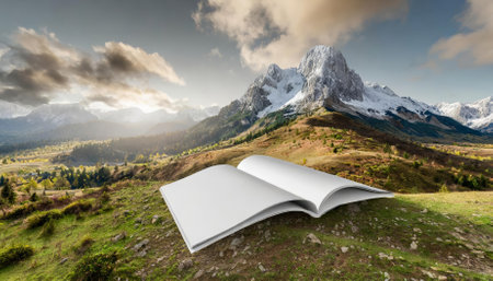 A D-rendered A landscape horizontal magazine brochure mockup with a clean, white blank design. Perfect for presenting layouts, branding concepts, marketing visuals, and design showcases inの素材