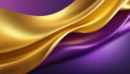 This abstract background showcases a D wave design with a strikingly bright gold and purple gradient silk fabric texture, blending luxury and vibrancy. Perfect for enhancing digital or printedの素材