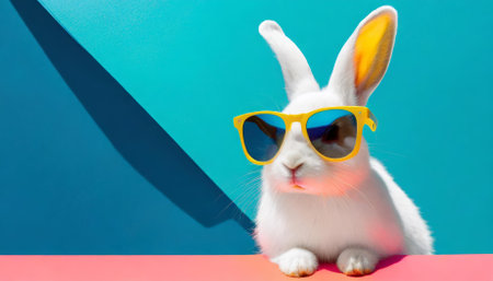 This eye-catching abstract clip-art highlights a White Rabbit adorned with stylish sunglasses, portrayed in a vibrant, contemporary design. The colorful background adds depth, fun, and artisticの素材