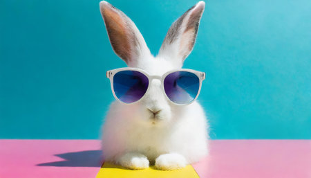 This abstract clip-art features a chic white rabbit wearing fashionable sunglasses set against a vivid and dynamic colorful background. It's a perfect mix of whimsy and modern creative design.の素材