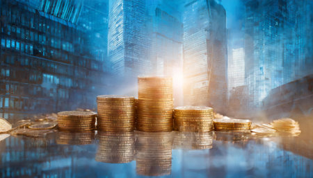 An abstract business background showing buildings and coins, representing global finance, investments, and economic trends. Ideal for corporate designs, finance topics, and businessの素材
