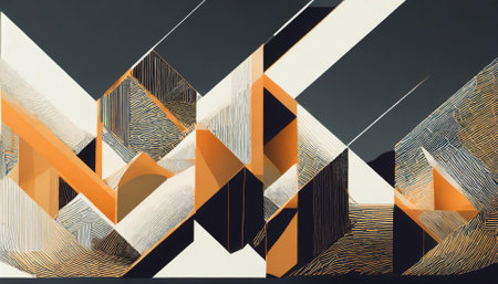 This artwork presents a mesmerizing interplay of abstract generated shapes, blending sharp geometric precision with fluid organic curves, set in a futuristic aesthetic with vibrant colorの素材