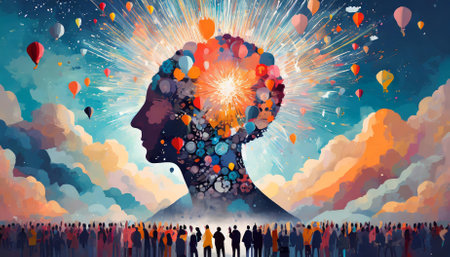 An evocative digital illustration exploring the annual collective mind concept, showcasing an explosion of thoughts and emotions in a surreal and intricately fusion of inner worlds, vividlyの素材