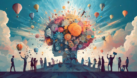 A captivating concept art piece portraying the annual collective mind as an explosion of ideas, creativity, and inner worlds. The vibrant imagery symbolizes thoughts dynamic interplay withinの素材