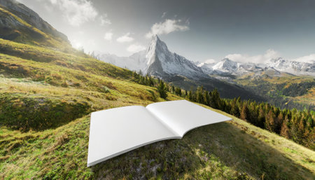 Realistic D rendering of a blank A landscape horizontal magazine brochure mockup in white. Perfect for presenting advertising layouts, branding concepts, print designs, or creative projectの素材