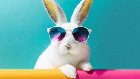A trendy White Rabbit wearing fashionable sunglasses set against a bold, contemporary colorful background. This abstract clip-art blends modern vibes with playful charm, ideal for digitalの素材