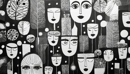 An abstract visual composition blending black-and-white faces with vibrant colors, portraying psychological themes, emotional depth, and human cognitive complexity through an artistic collage.の素材