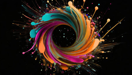 Explore the mesmerizing blend of liquid motion and circular flow with vibrant, curved wave patterns. This abstract explosion features colorful paint drops and dynamic movement, creating aの素材