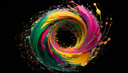 This vibrant artwork captures an abstract circle liquid motion flow explosion, with dynamic curved wave patterns and vivid paint drops. Its vividly colors and motion create an engaging visualの素材