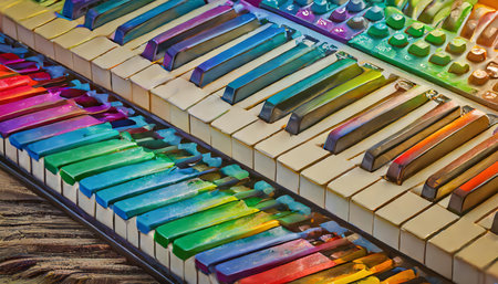 This abstract colorful piano keyboard design showcases a vibrant and dynamic blend of hues, offering a visually captivating wallpaper background ideal for music enthusiasts and creative digitalの素材