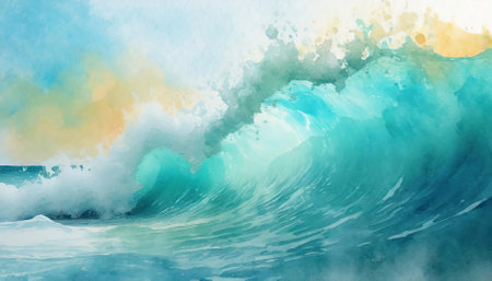 This abstract watercolor artwork captures the essence of a big ocean wave, featuring vibrant textures, cheerful summer tones, and relaxing vibes. Ideal for design projects, it evokes energy andの素材