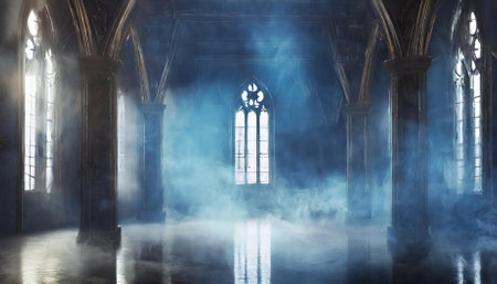 This artwork presents an abstract Renaissance-style empty hall enveloped in dark gothic charm, highlighted by ethereal light beams and swirling smoke, creating a hauntingly beautiful andの素材