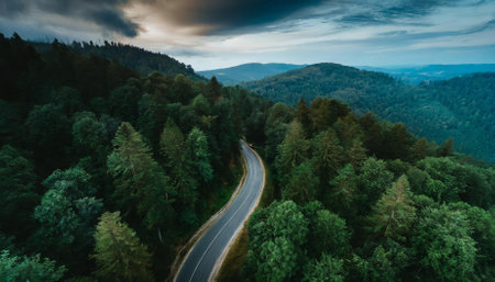 Experience the enchanting view of a winding mountain road surrounded by lush, dark green forest from above. This high-resolution image captures the serene beauty of nature, evoking wanderlustの素材