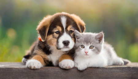 An adorable puppy and kitten lying together in a loving embrace, perfectly illustrating the beauty of friendship and the sweet bond between animals, evoking joy and tenderness in every viewer.の素材