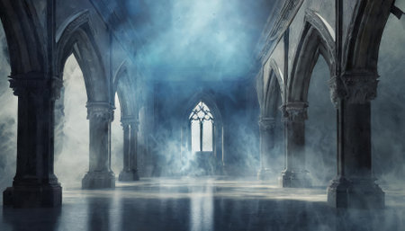 A stunning portrayal of an abstract Renaissance hall, featuring a vast, empty space with dark Gothic architectural elements. Mystical lighting and drifting smoke enhance its eerie, otherworldlyの素材