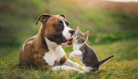A delightful scene featuring an American Staffordshire Terrier dog playing with a cute little kitten outdoors, capturing the essence of playful companionship and mutual affection in a vibrant,の素材