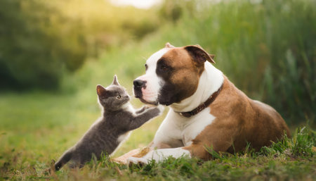 A captivating image of an American Staffordshire Terrier dog engaging in playful interaction with a charming little kitten, radiating pure joy, warmth, and the essence of companionship in everyの素材