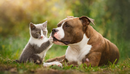 Delightful image of an American Staffordshire Terrier playing with a tiny kitten, showing their tender bond. This heartwarming moment reflects love, trust, and the beauty of unexpectedの素材