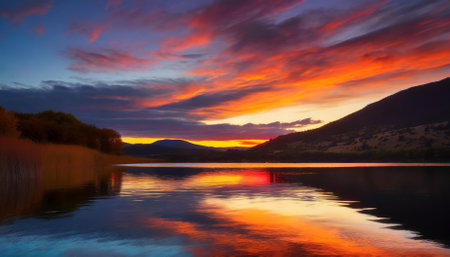 This stunning image captures the enchanting beauty of a vivid sunset over a serene lake. The colorful reflections on the water surface create a mesmerizing scene of tranquility and vibrant hues.の素材