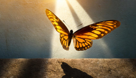 butterfly on cement floor with sun light and shadow on wallの素材