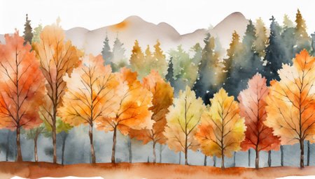 Beautiful autumn trees watercolor banner in a horizontal layout, isolated on a transparent background. Perfect for seasonal art projects, decorations, nature-inspired designs, or creativeの素材