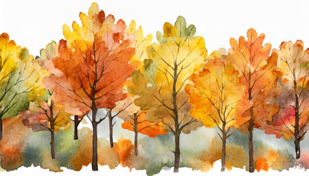 Beautiful watercolor banner featuring autumn trees with vivid orange, yellow, and red foliage, set on a transparent background. Ideal for digital designs, fall-themed projects, and seasonalの素材