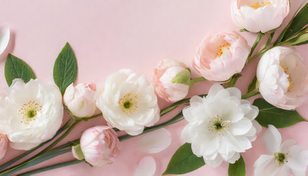 Beautiful banner featuring a soft pink background adorned with delicate floral elements, ideal as a greeting card template for weddings, Mothers Day, bridal showers, anniversaries, or romanticの素材