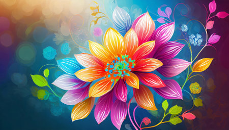 This abstract colorful flower design showcases a mesmerizing blend of vivid hues and intricate details. Its modern aesthetic makes it ideal for enhancing creative projects, decorative themes,の素材